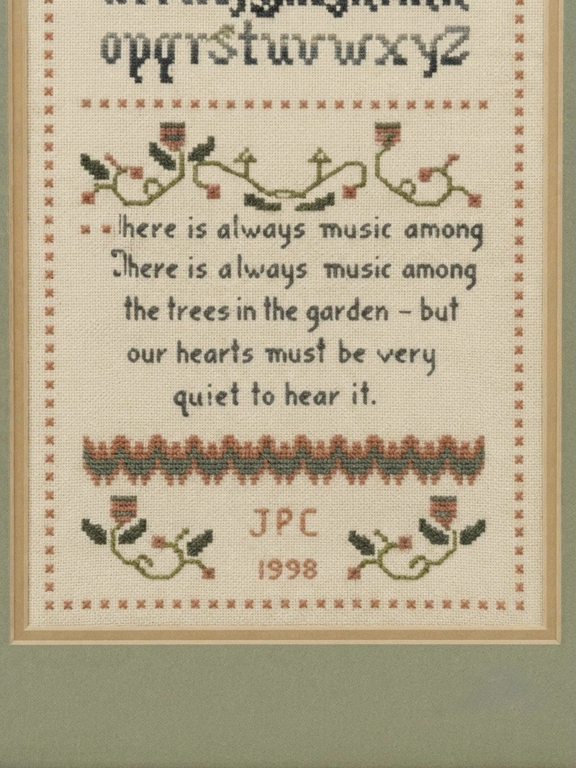 Vintage 1998 cross stitch sampler - detail of quote and JPC 1998 monogram