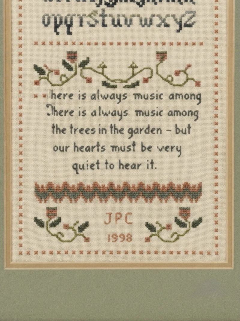 Vintage 1998 cross stitch sampler - detail of quote and JPC 1998 monogram