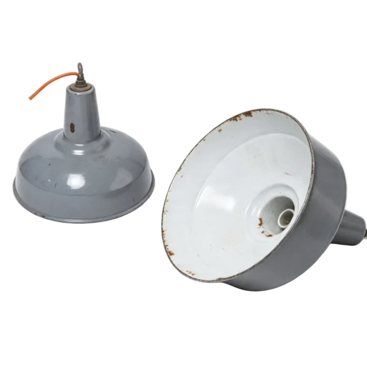 Pair Vintage Industrial Grey Enamel Pendant Light Shade