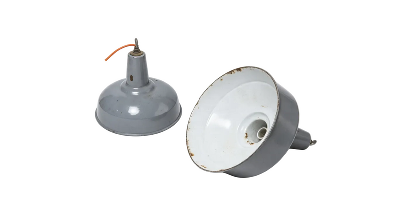 Pair Vintage Industrial Grey Enamel Pendant Light Shade