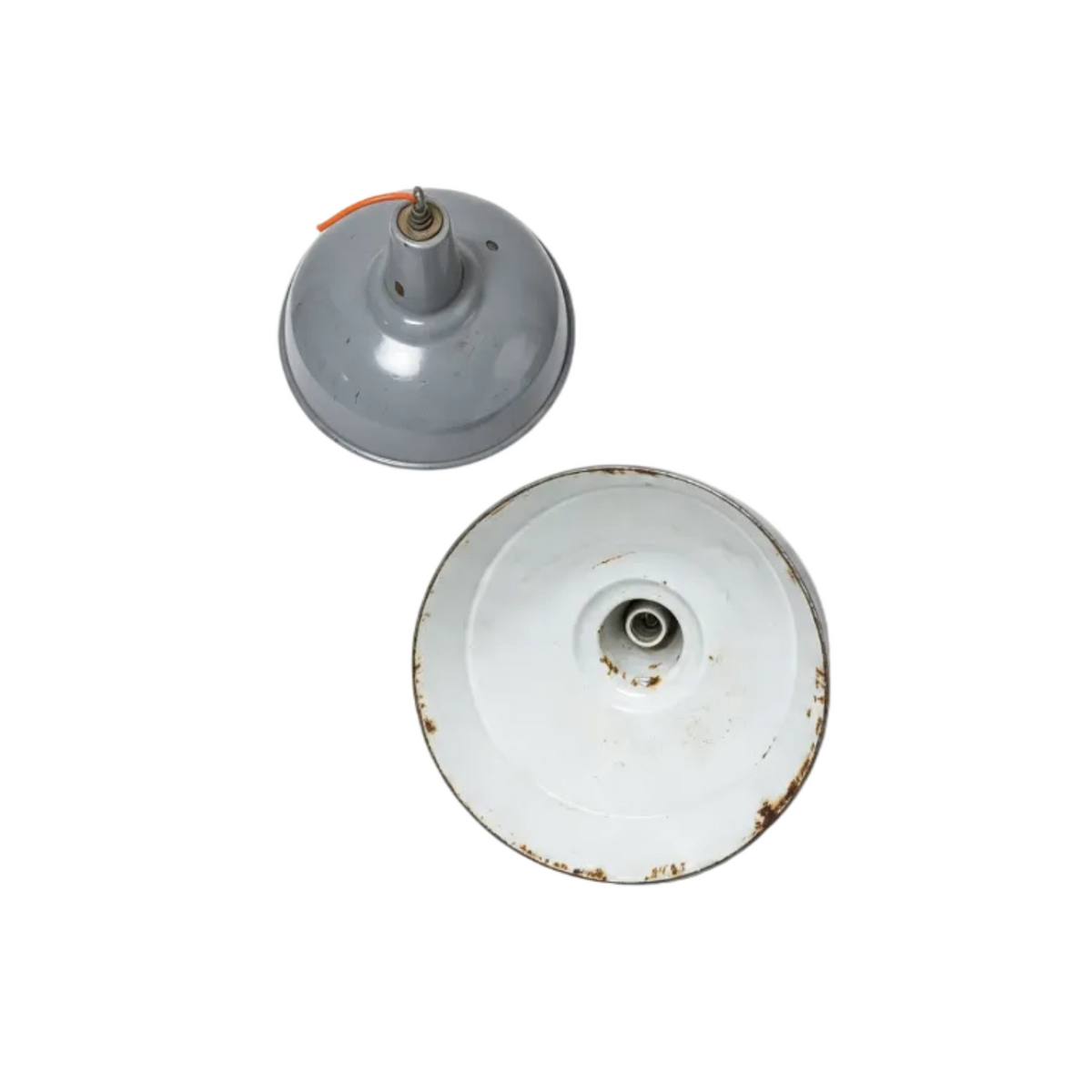 Pair Vintage Industrial Grey Enamel Pendant Light Shade