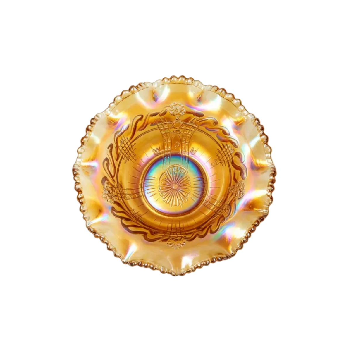 Fenton Marigold Persian Medallion Ruffled Pedestal Bowl