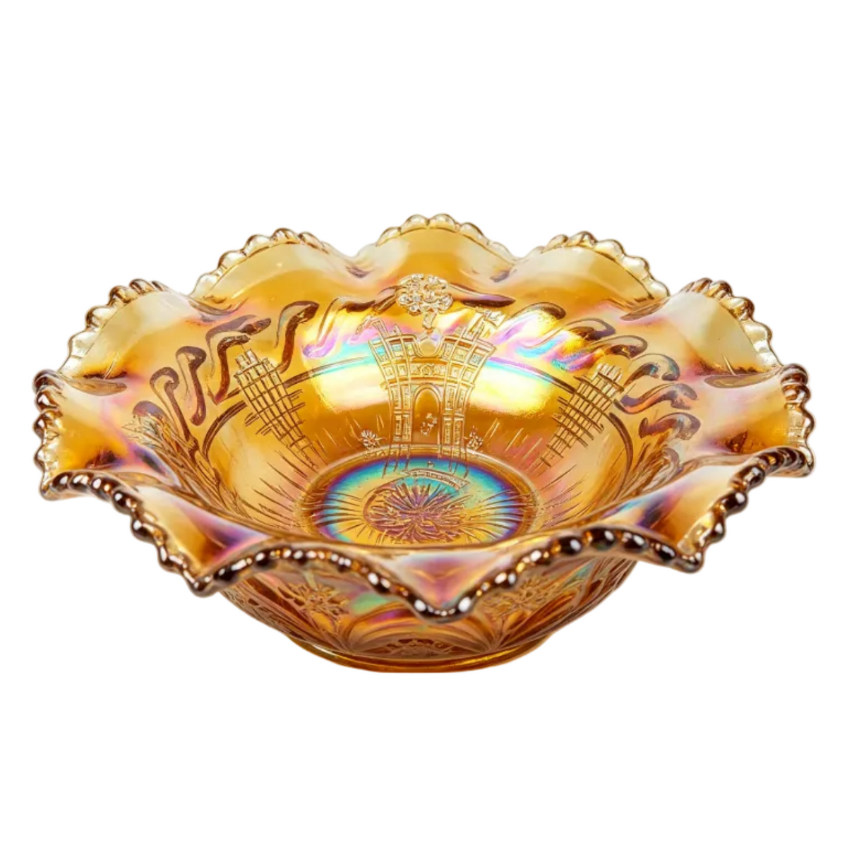 Fenton Marigold Persian Medallion Ruffled Pedestal Bowl