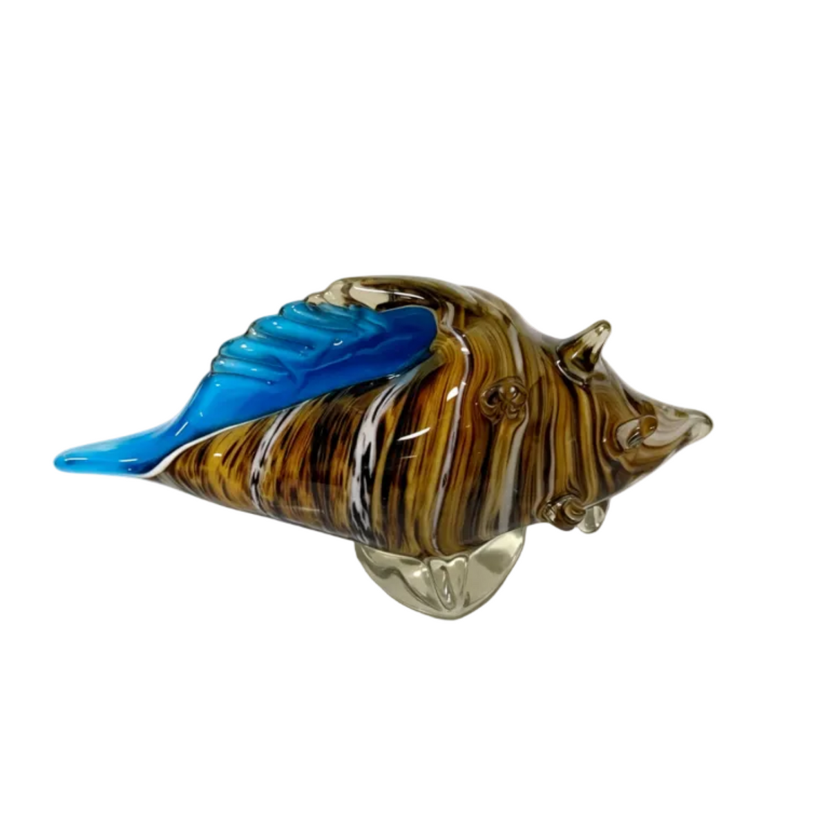 Murano Style Art Glass Fish Amber Tiger Stripe Blue Fin