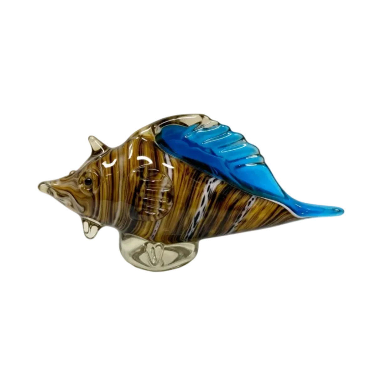 Murano Style Art Glass Fish Amber Tiger Stripe Blue Fin