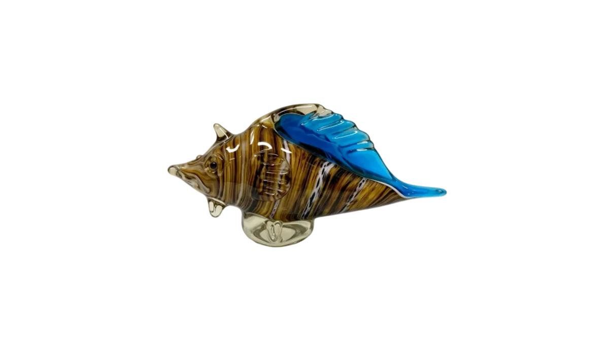Murano Style Art Glass Fish Amber Tiger Stripe Blue Fin