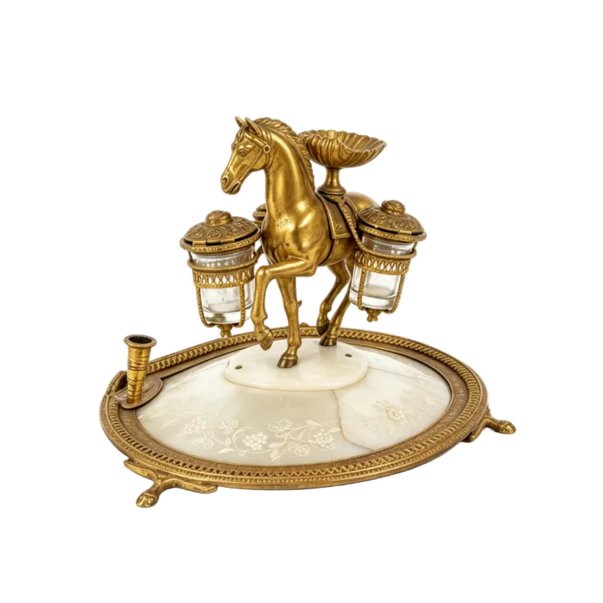 Vintage Brass Horse Desk Set Inkstand Mother of Pearl