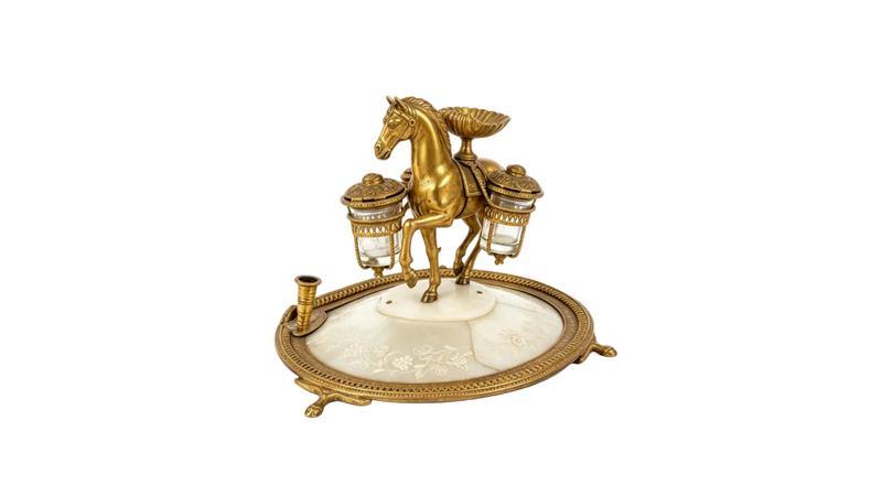 Vintage Brass Horse Desk Set Inkstand Mother of Pearl