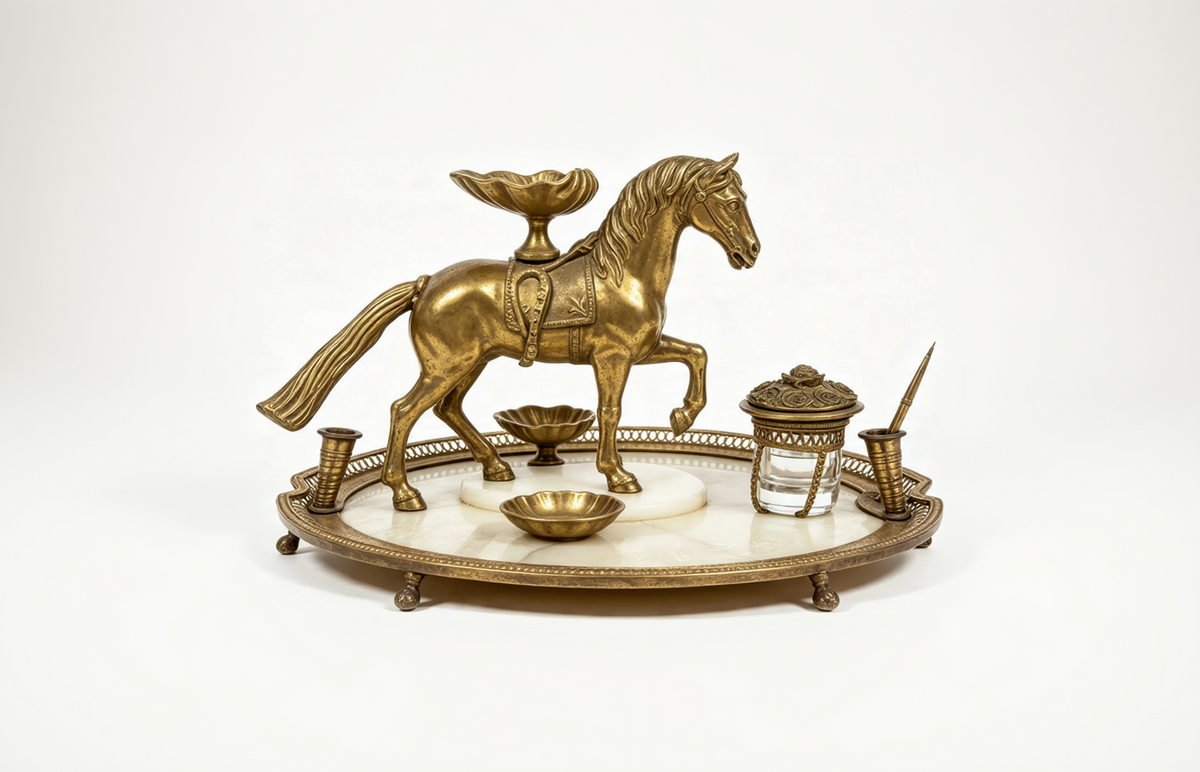 Vintage Brass Horse Desk Set Inkstand Mother of Pearl