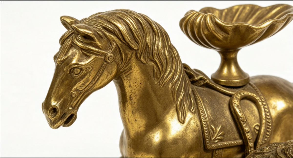 Vintage Brass Horse Desk Set Inkstand Mother of Pearl