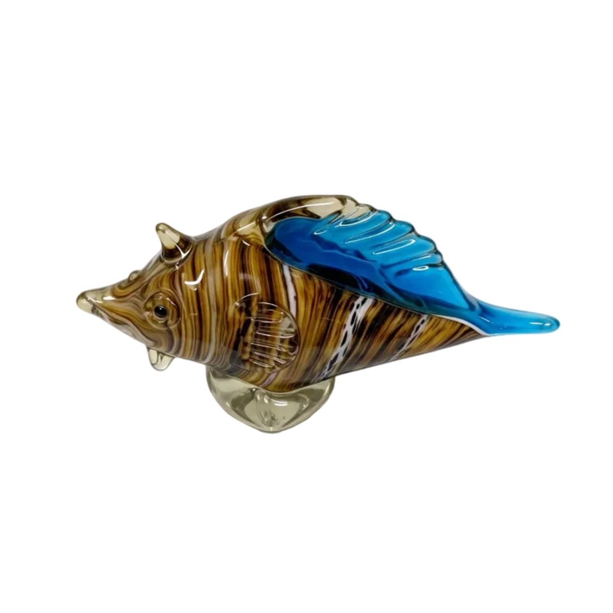 Murano Style Art Glass Fish Amber Tiger Stripe Blue Fin