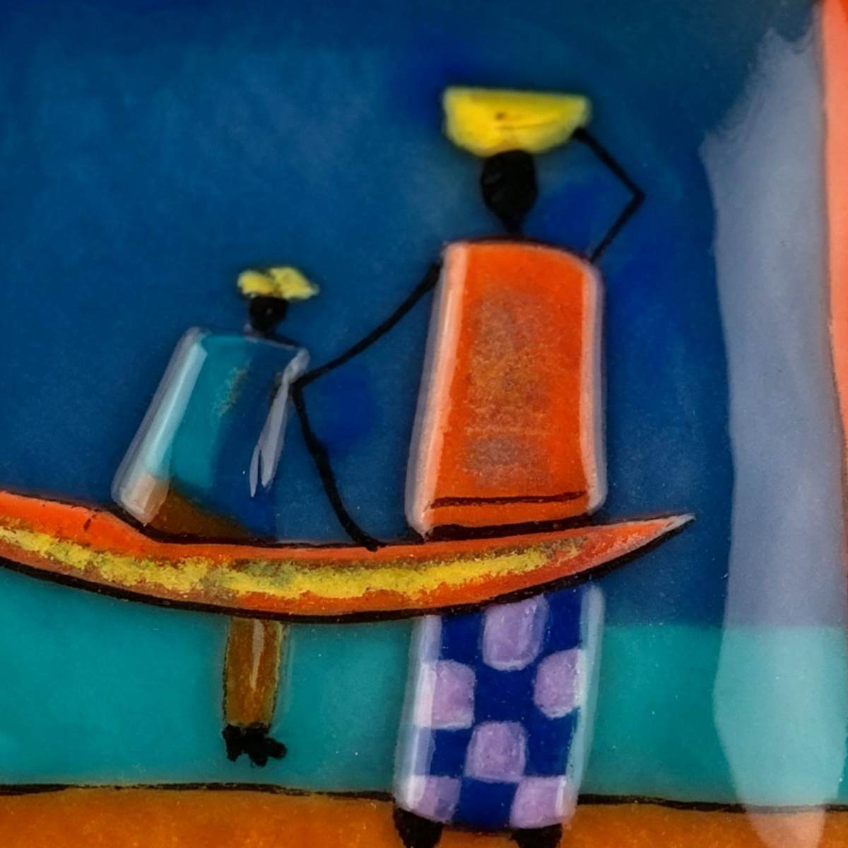 Handmade Fused Glass Art Plate — African Village Scene