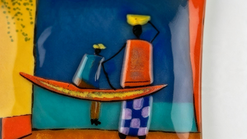 Handmade Fused Glass Art Plate — African Village Scene