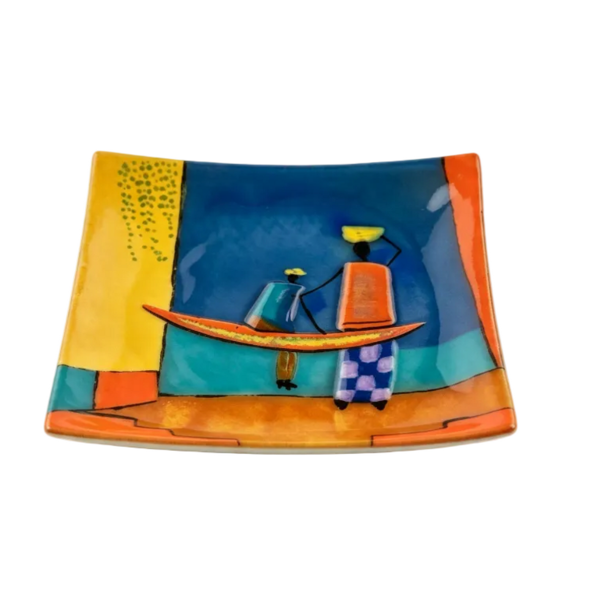 Handmade Fused Glass Art Plate — African Village Scene