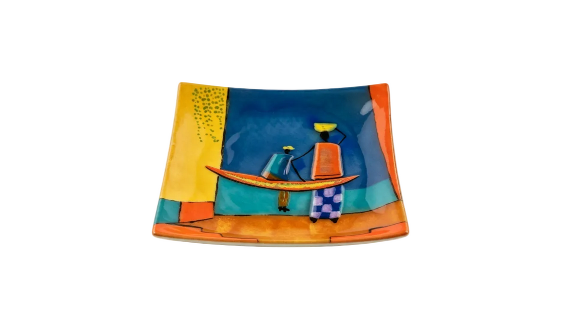 Handmade Fused Glass Art Plate — African Village Scene