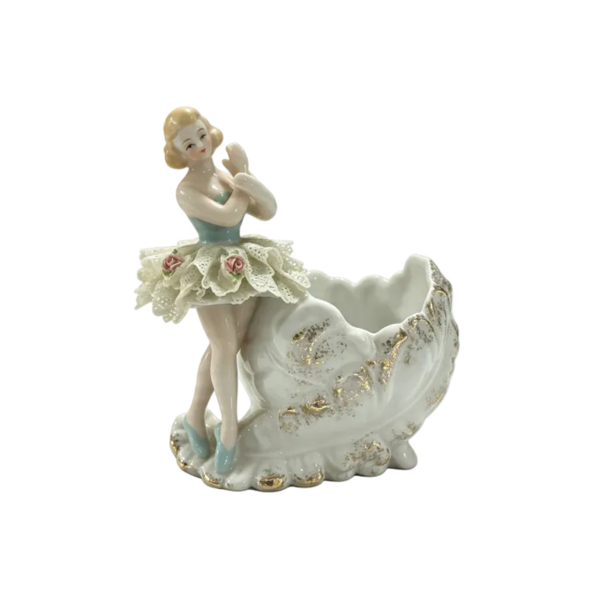 Vintage Porcelain Ballerina Girl Bowl Dresden Lace