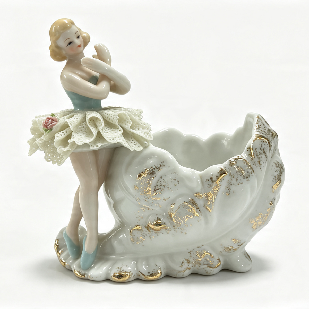 Vintage Porcelain Ballerina Girl Bowl Dresden Lace