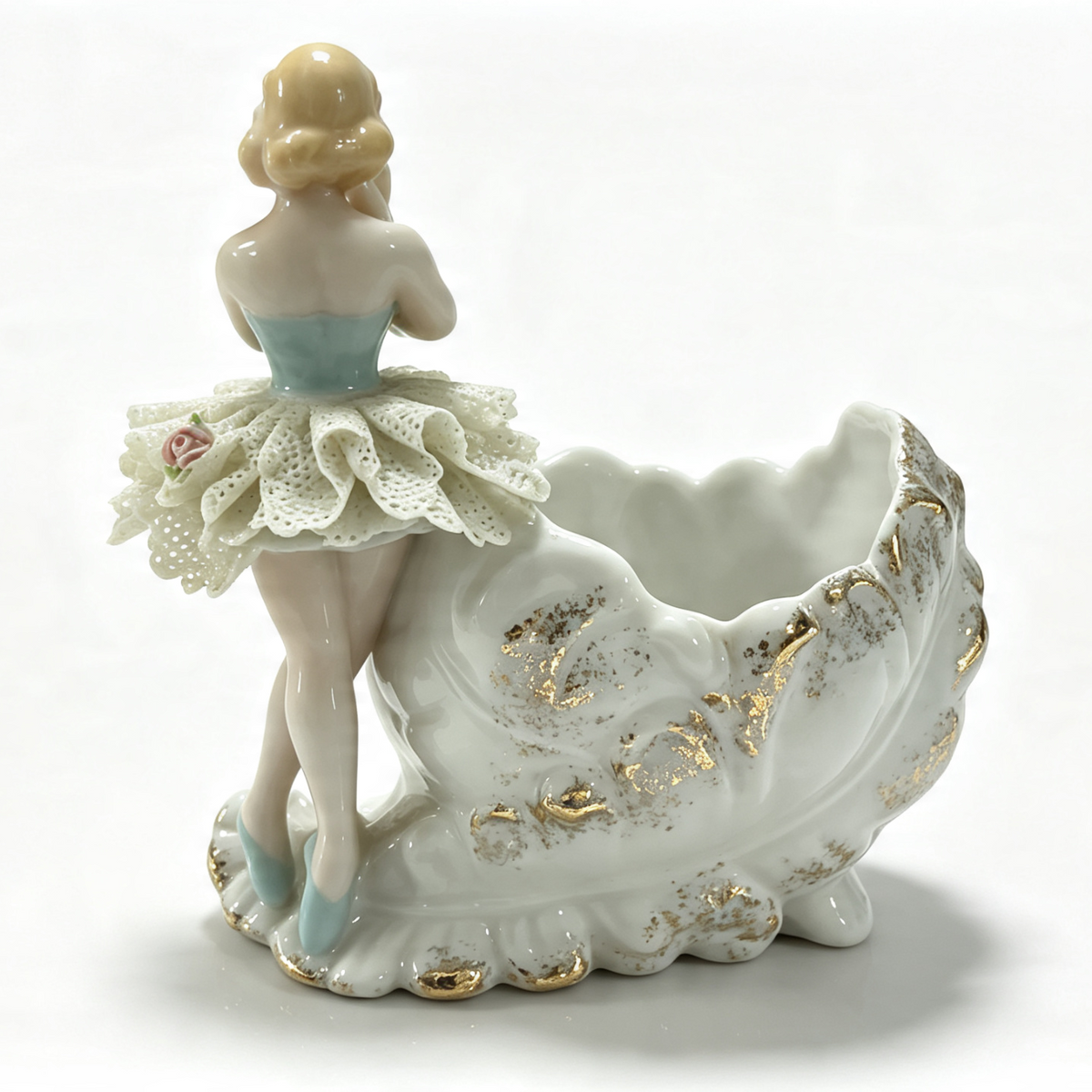 Vintage Porcelain Ballerina Girl Bowl Dresden Lace