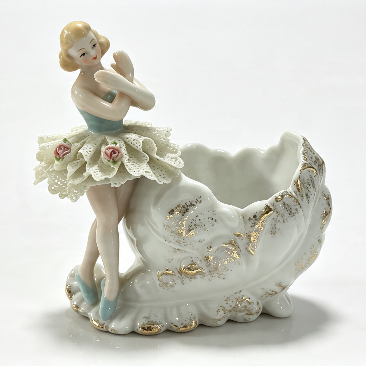 Vintage Porcelain Ballerina Girl Bowl Dresden Lace