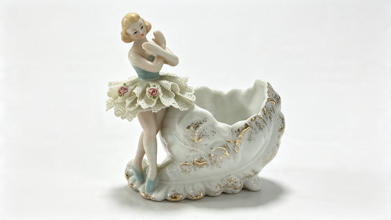 Vintage Porcelain Ballerina Girl Bowl Dresden Lace