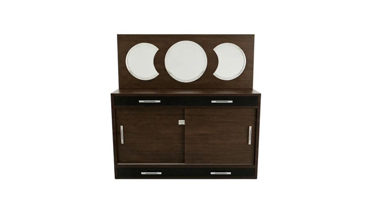 Dark Wood Sideboard with Triptych Mirror Drawers
