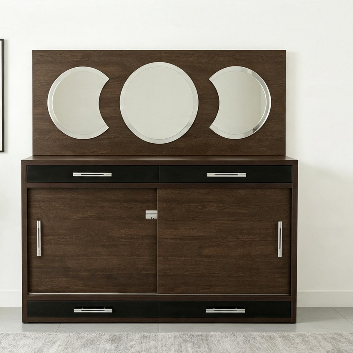 Dark Wood Sideboard with Triptych Mirror Drawers