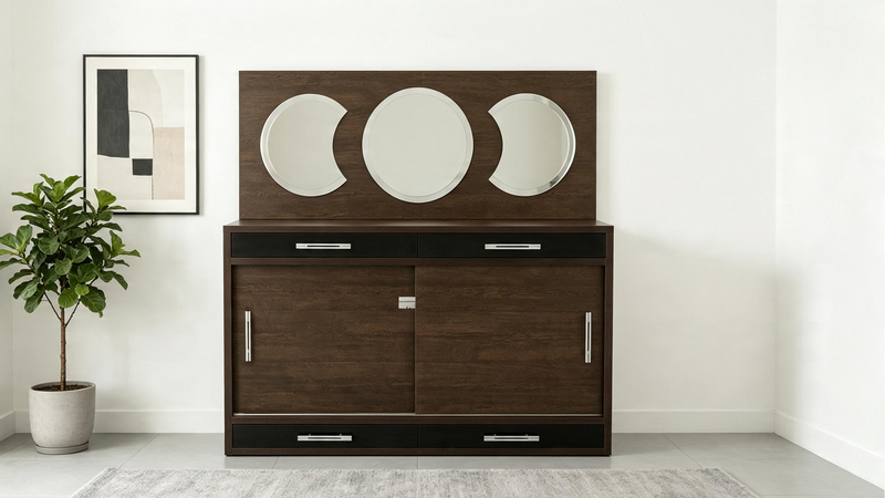 Dark Wood Sideboard with Triptych Mirror Drawers