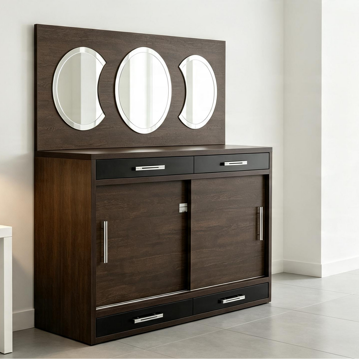 Dark Wood Sideboard with Triptych Mirror Drawers