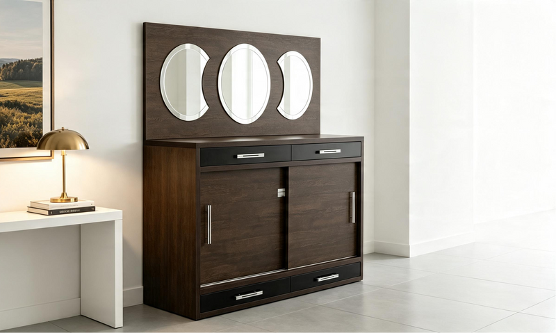 Dark Wood Sideboard with Triptych Mirror Drawers
