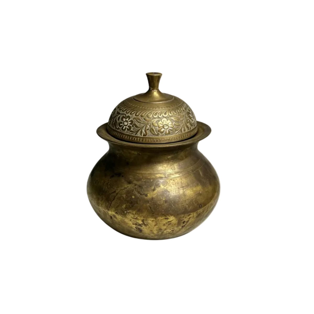 Vintage Hand-Etched Solid Brass Lidded Pot Indian Jar