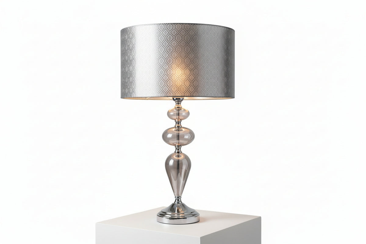 Modern Smoked Grey Glass Table Lamp Chrome Base & Textured Grey Drum Shade|287004311546