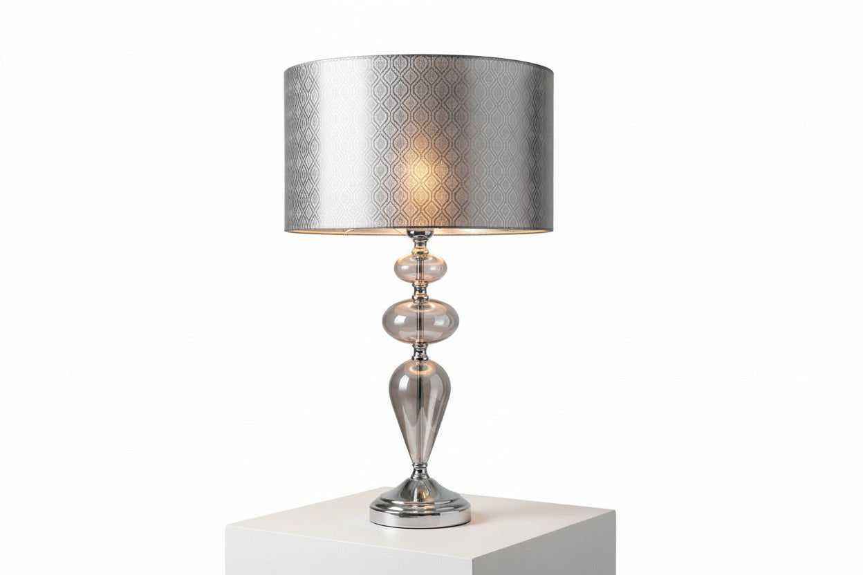 Modern Smoked Grey Glass Table Lamp Chrome Base & Textured Grey Drum Shade|287004311546