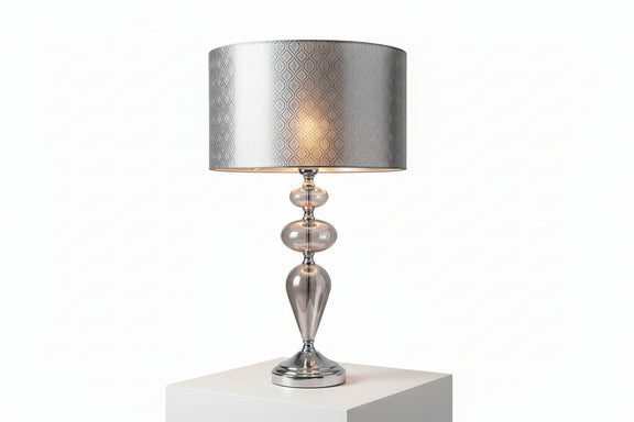 Modern Smoked Grey Glass Table Lamp Chrome Base & Textured Grey Drum Shade|287004311546