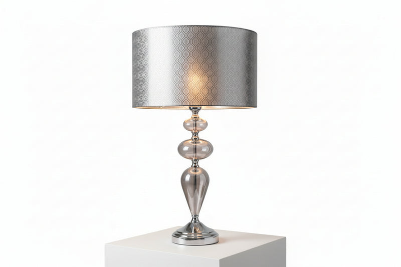 Modern Smoked Grey Glass Table Lamp Chrome Base & Textured Grey Drum Shade|287004311546