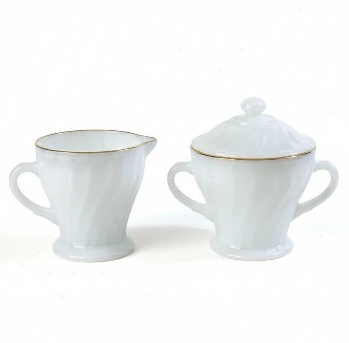 Vintage Anchor Hocking Fire-King Golden Shell Swirl Milk Glass Suger/Creamer|286996316257