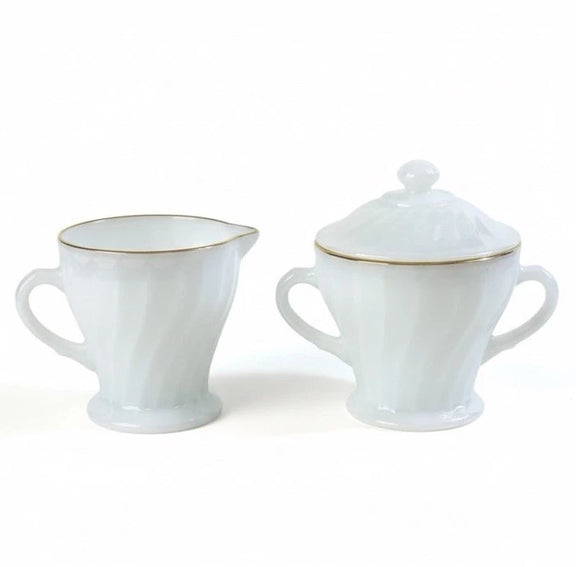 Vintage Anchor Hocking Fire-King Golden Shell Swirl Milk Glass Suger/Creamer|286996316257