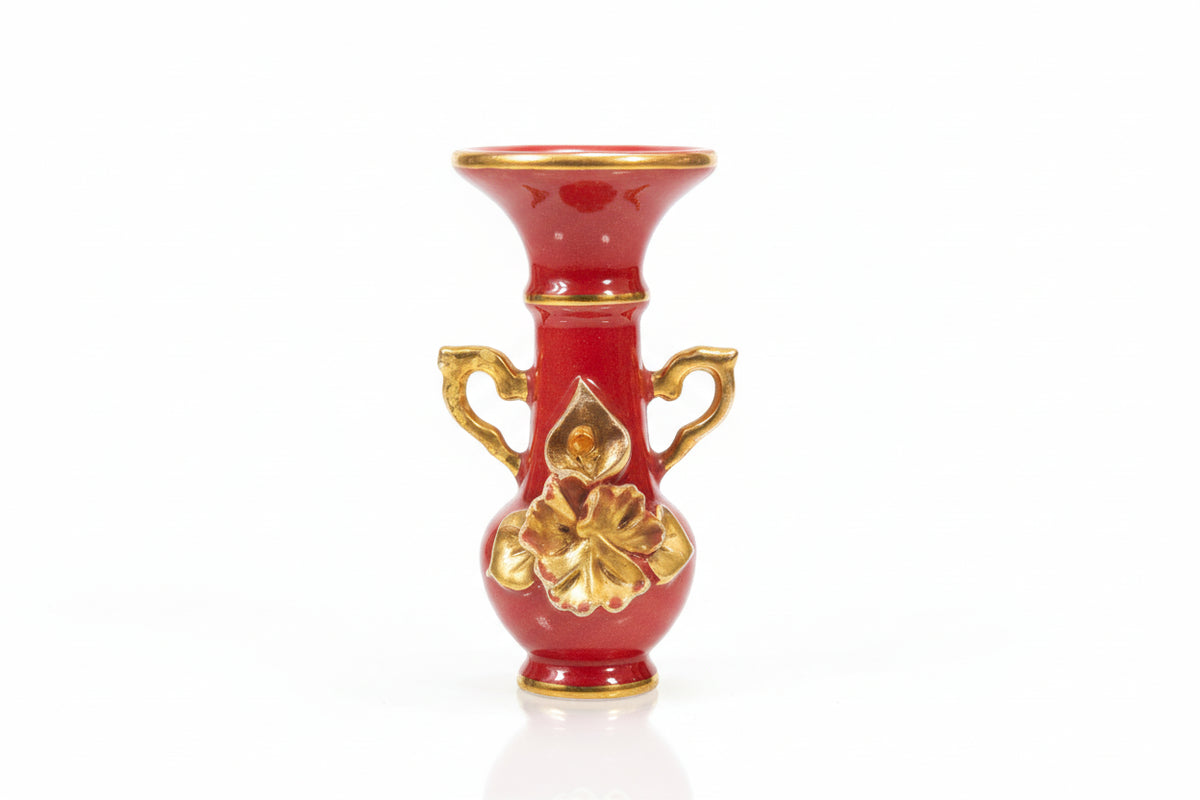 Vintage Miniature Red & Gold Floral Bud Vase - 15cm Hand-Painted Ceramic|286938716621