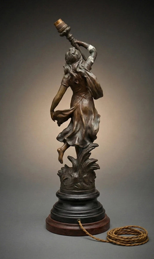 Antique Art Nouveau Spelter Lamp "Le Temps des Roses"by Auguste Moreau (c. 1900)|286964527572