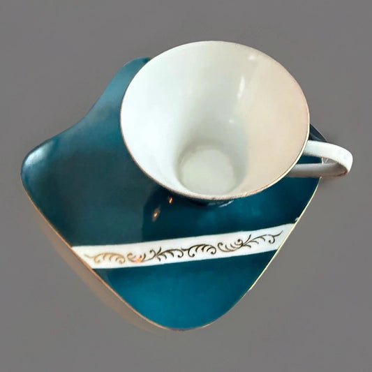 Vintage Mid Century Modern Teacup & Saucer Teal Gold Atomic Asymmetrical Japan|286895249087