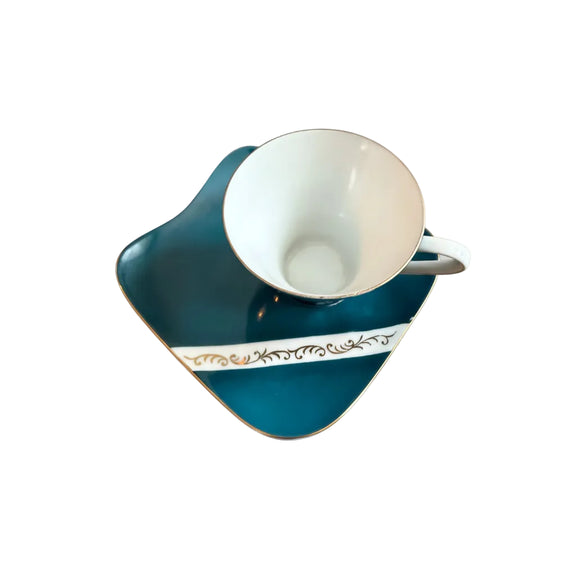 Vintage Mid Century Modern Teacup & Saucer Teal Gold Atomic Asymmetrical Japan|286895249087