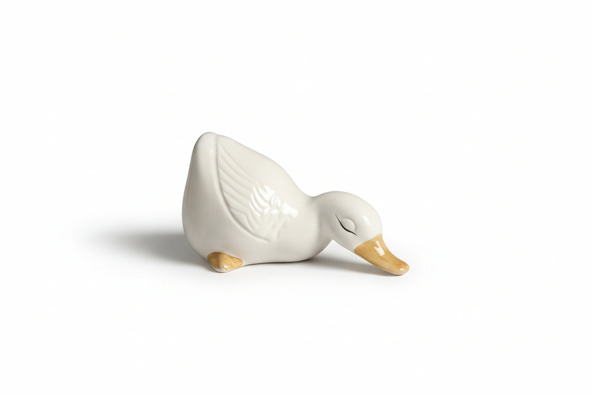 Vintage  White Ceramic Duck Figurine-Sleeping Preening Duckling Glossy Porcelain|286879120662