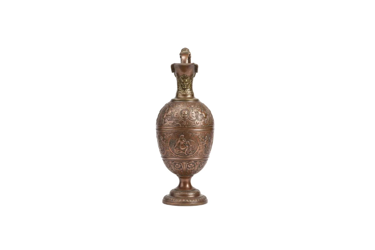 Antique Ornate Repoussé Copper & Brass Ewer Pitcher Jug Figural Decor 1.6kg|286941517379