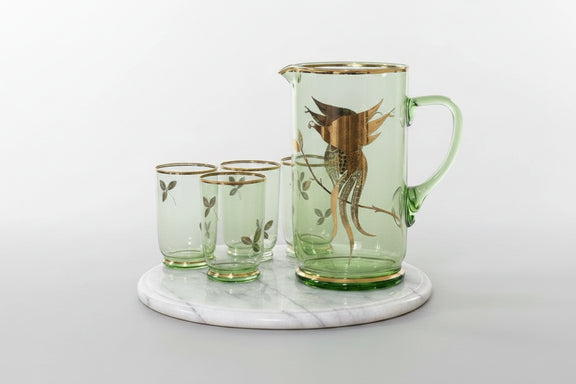 VINTAGE MCM Chartreuse Green Glass Pitcher & 3 Glasses Set With Gold Leaf|286957366204