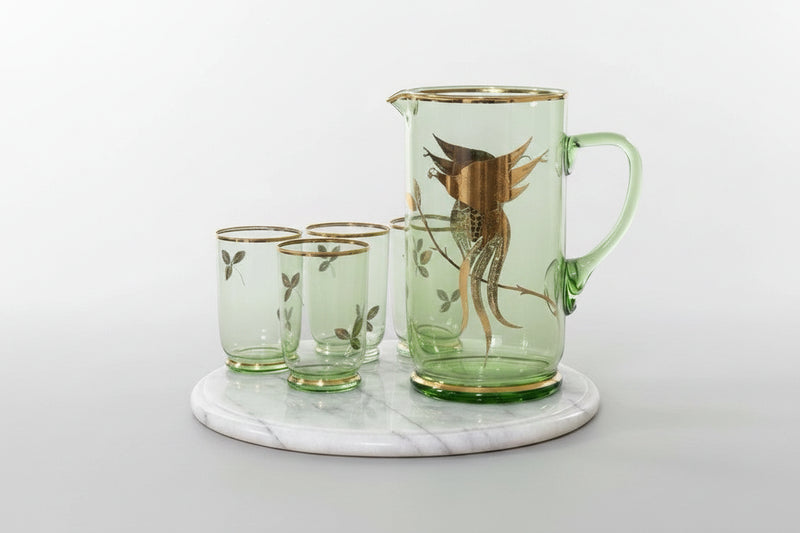 VINTAGE MCM Chartreuse Green Glass Pitcher & 3 Glasses Set With Gold Leaf|286957366204
