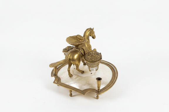 Antique Victorian Brass Horse Inkwell Desk Set Mother of Pearl|286845846987