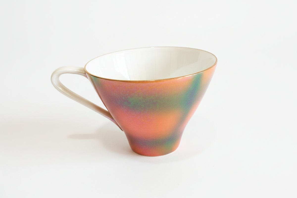 Mid-century Fine China Japan tennis set in orange with green stripes.|286882006043