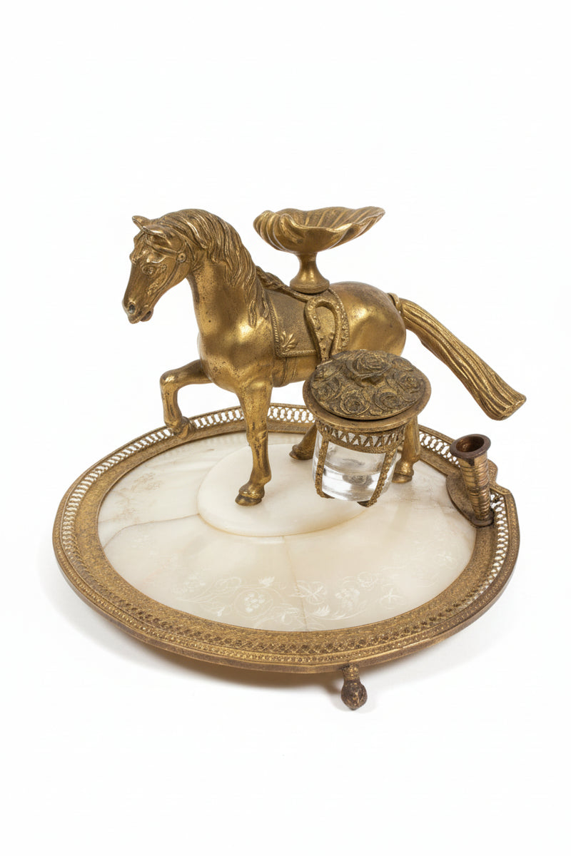 Antique Victorian Brass Horse Inkwell Desk Set Mother of Pearl|286845846987