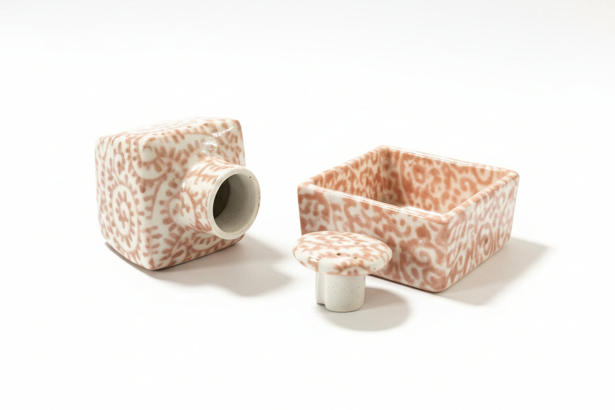 Vintage Japanese Porcelain Inkwell Set - Hand Painted Orange Swirl Karakusa|287033036509