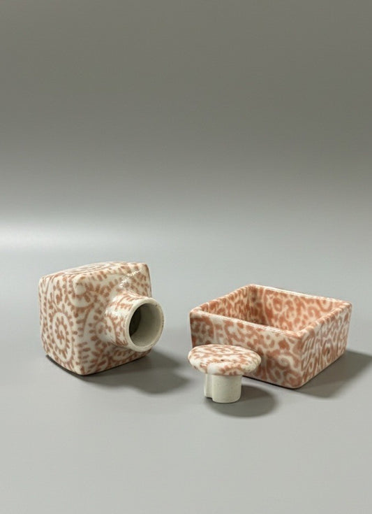 Vintage Japanese Porcelain Inkwell Set - Hand Painted Orange Swirl Karakusa|287033036509