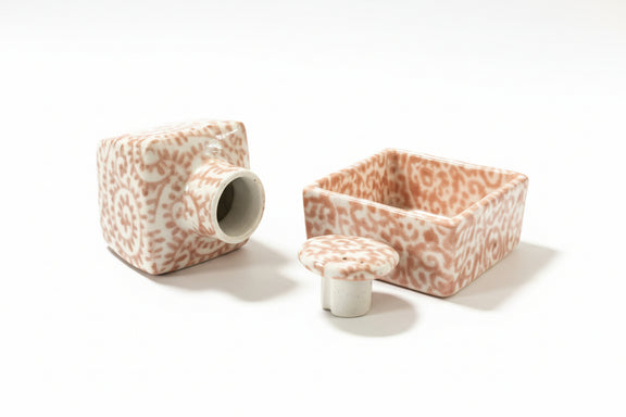 Vintage Japanese Porcelain Inkwell Set - Hand Painted Orange Swirl Karakusa|287033036509